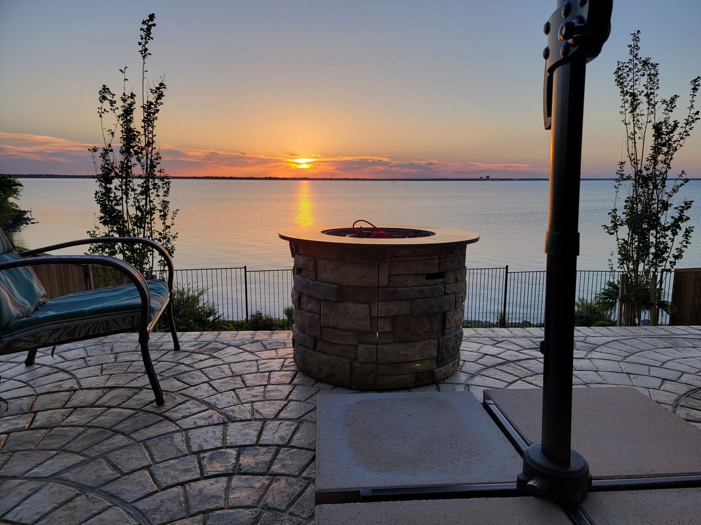 The Travis Ranch pavilion patio at sunset