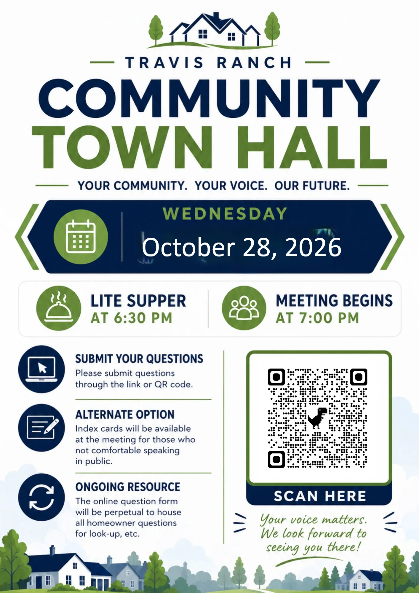 Flyer: Travis Ranch Community Town Hall, Wednesday, October 28, 2026. Lite supper at 6:30 PM, meeting begins at 7:00 PM. Submit your questions through the link or QR code; index cards will be available at the meeting for those not comfortable speaking in public. The online question form stays open for all homeowner questions.